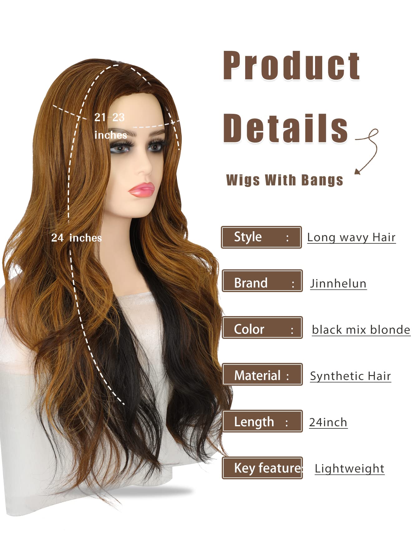 Jinnhelun Long Wavy Wigs for Women Synthetic Hair Wig Natural Look Middle Part Wigs for Daily Use (Ombre brown XXT)