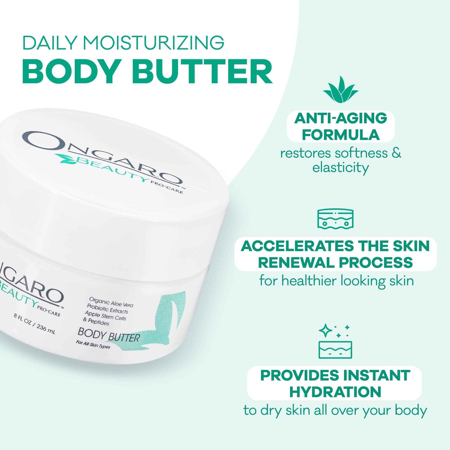 Ongaro Beauty - Whipped Body Butter Cream, Organic Shea Butter for Women with Aloe Vera, Plant Stem Cells, Peptides, Hyaluronic Acid, Probiotics, Vitamin C & E, Body Care for Women - 8 Fl Oz