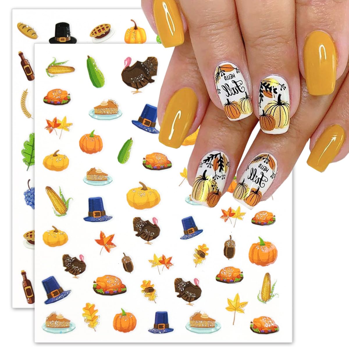 6 Sheets Fall Nail Art Stickers 3D Thanksgiving Pumpkins Nail Decals Glitter Design Turkey Maple Leaves Nail Stickers Self-Adhesive Autumn Nail Supplies for Women DIY Holiday Manicure Accessories