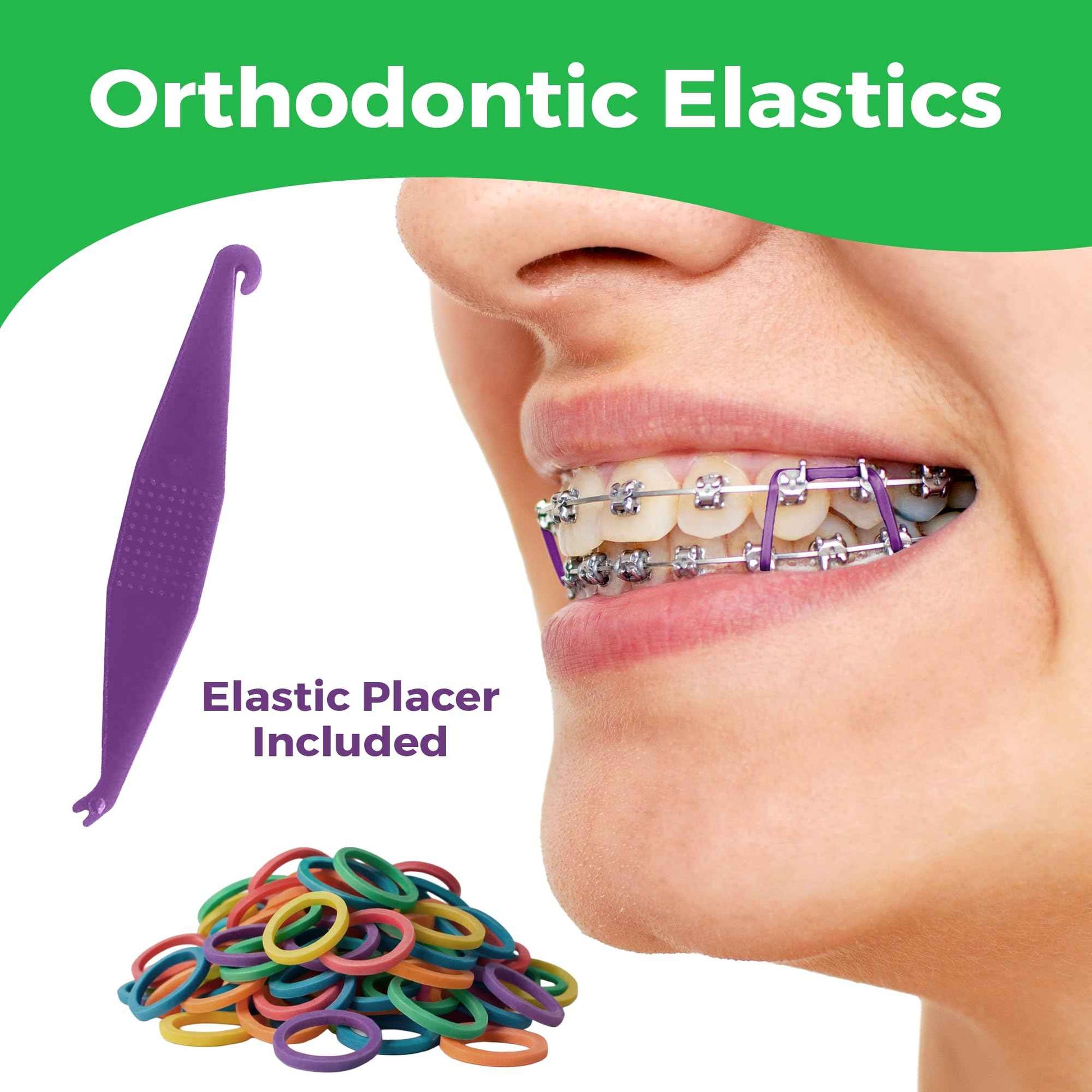 Orthodontic Rubber Bands for Braces - Premium Quality Elastic Teeth Rubber Bands for Braces, Fix Tooth Gaps, Dreadlocks, Includes Free Elastic Placer - Medium Force 3.5 oz, 1/8 Inch, Neon (500 Pack)