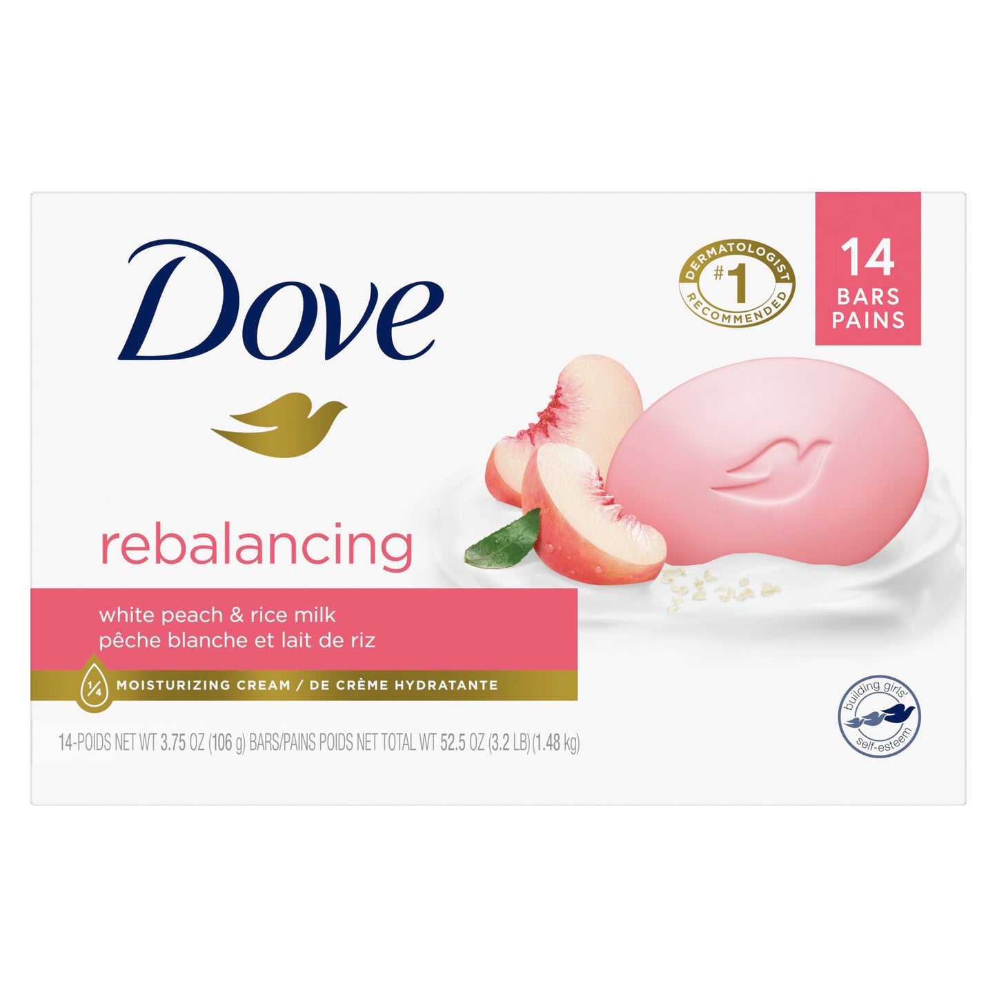 Dove Beauty Bar Soap Rebalancing White Peach & Rice Milk, 14 Count for a Nourished and Moisturized Skin, with ¼ Moisturizing Cream Plant-Based Formula, 3.75 oz