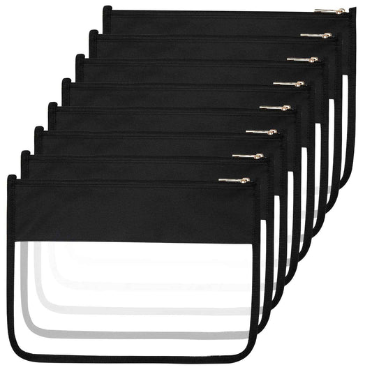 Teling 8 Pieces Clear Makeup Bags DIY Chenille Letter Pouch Clear Zipper Pouches Travel PVC Oxford Cloth Cosmetic Portable Waterproof Makeup Storage Bag Toiletry Snack Organizer for Women Girls, Black