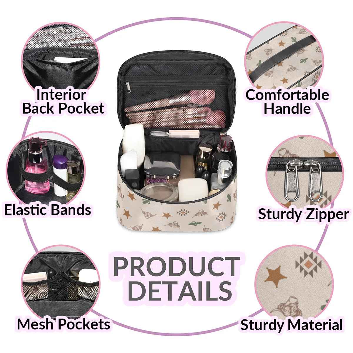 OMFUNS Highland Cow Makeup Bag, Western Cactus Travel Cosmetic Bag for Women Girls Large Capacity Make Up Case Cosmetic Organizer Toiletry Bag Zipper Pouch