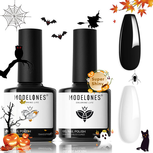 modelones Gel Nail Polish Set, 2 Pcs 15 ML Black and White Gel Polish White Gel Nail Polish Soak Off LED Fall Gel Polish Halloween Nails Art Manicure Home Gift for Women Girl