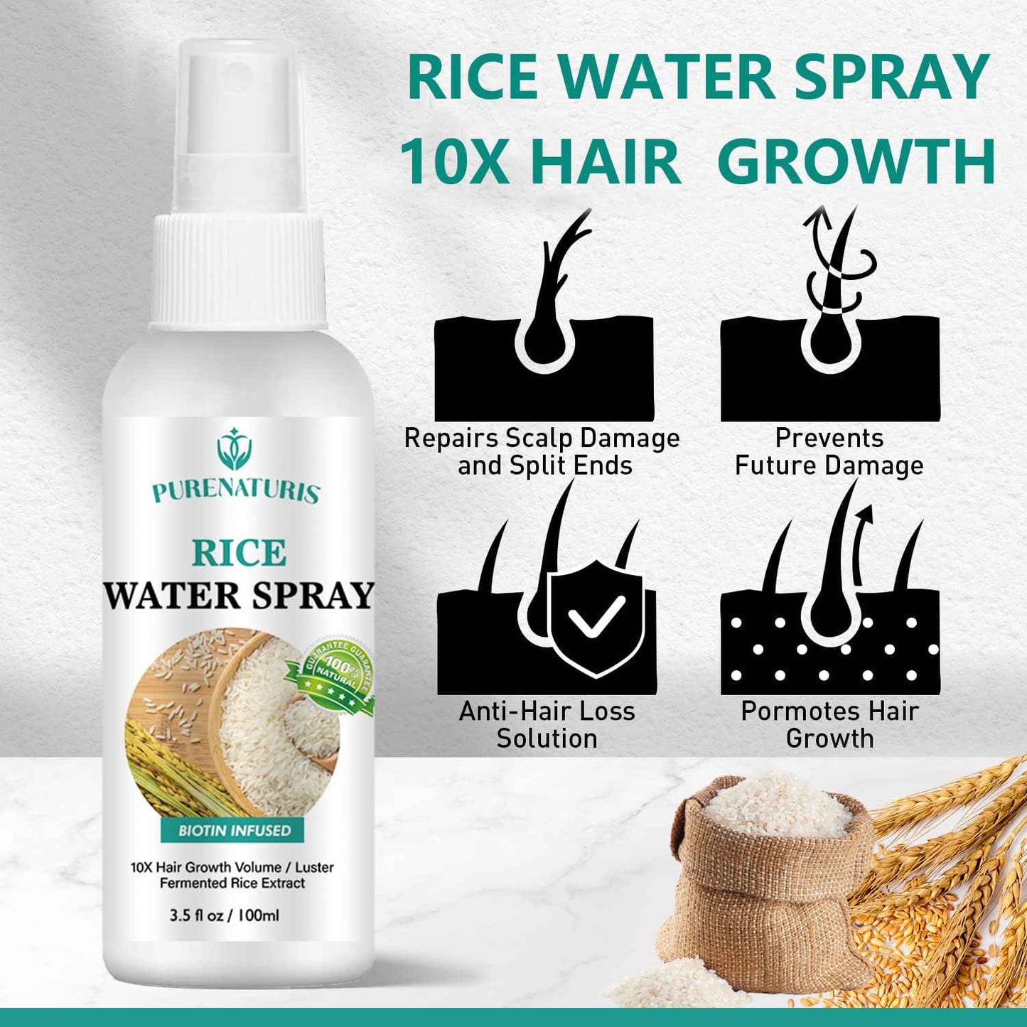 PureNaturis Rosemary Rice Water Shampoo Conditioner & leave-in Spray for Hair Growth Repair System Kit, w/Rosemary, Biotin, Caffeine, Sulfate Free Routine Shampoo for Women Men Hair Loss Thickening