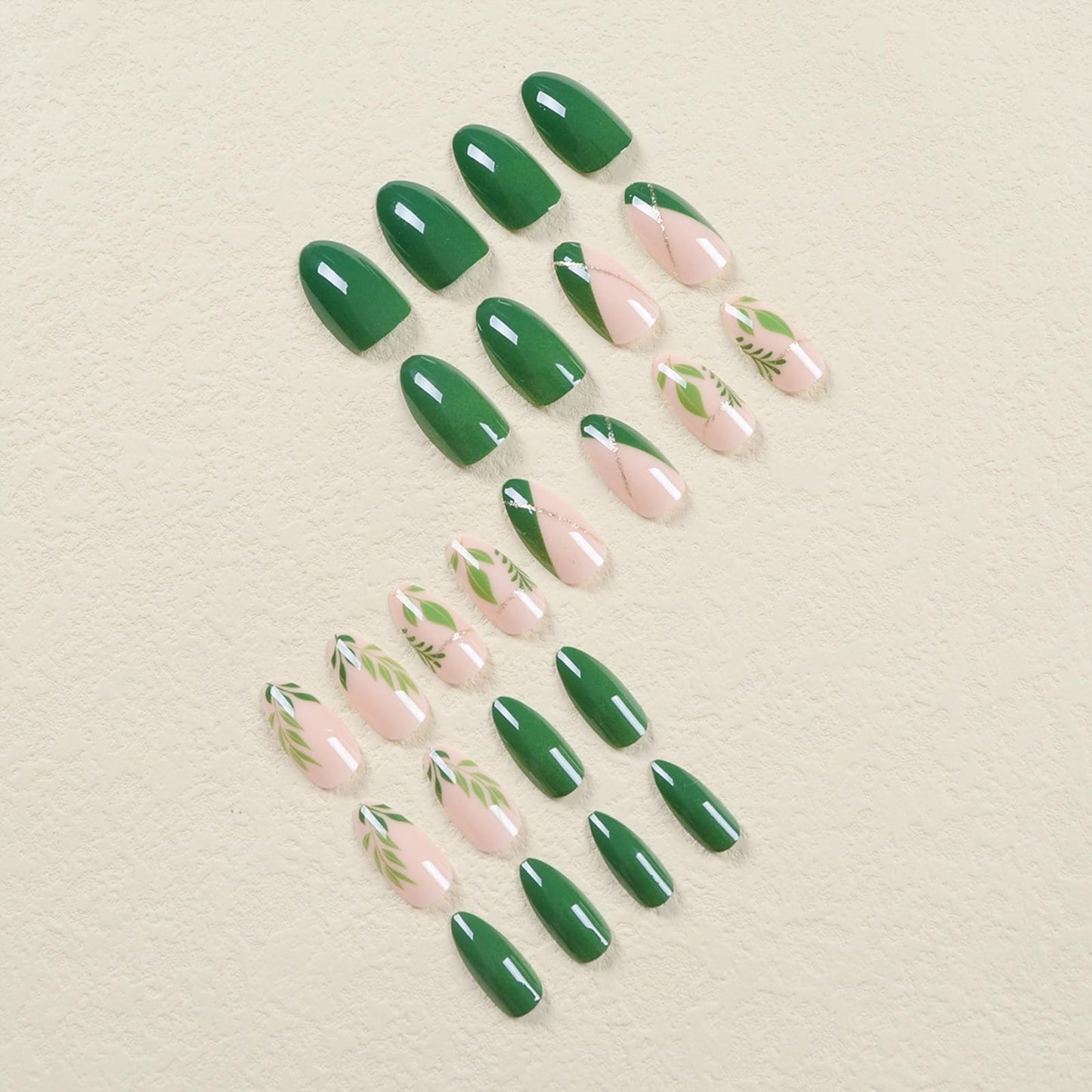 SINHOT Green Press on Nails Medium Almond Fake Nails Green Leaves Nails Glossy Glue on Nails Stiletto Acrylic Nails Gold Glitter Line Arificial Nails Stick on False Nails with Design 24 pcs