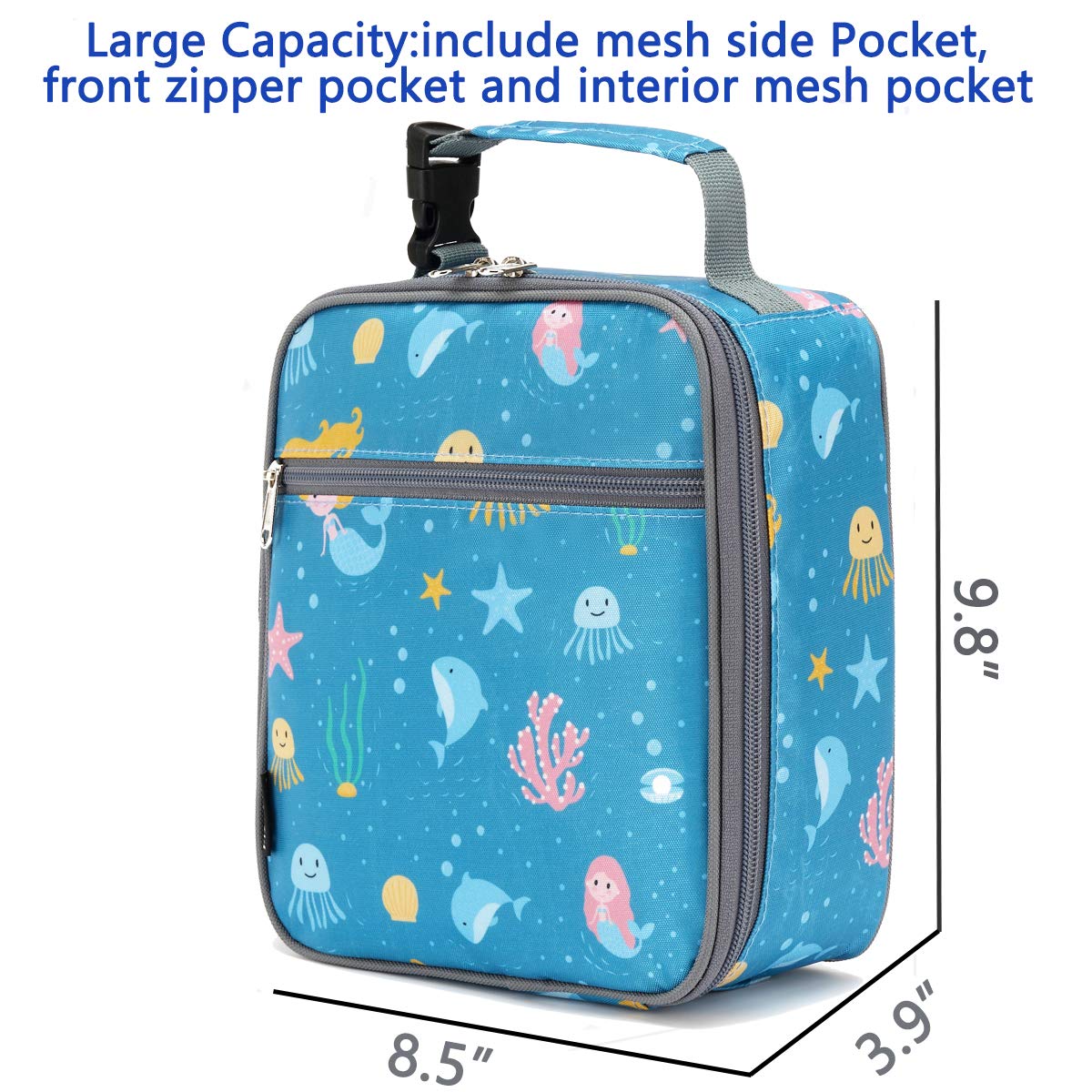 FlowFly Kids Lunch box Insulated Soft Bag Mini Cooler Back to School Thermal Meal Tote Kit for Girls, Boys, Mermaid