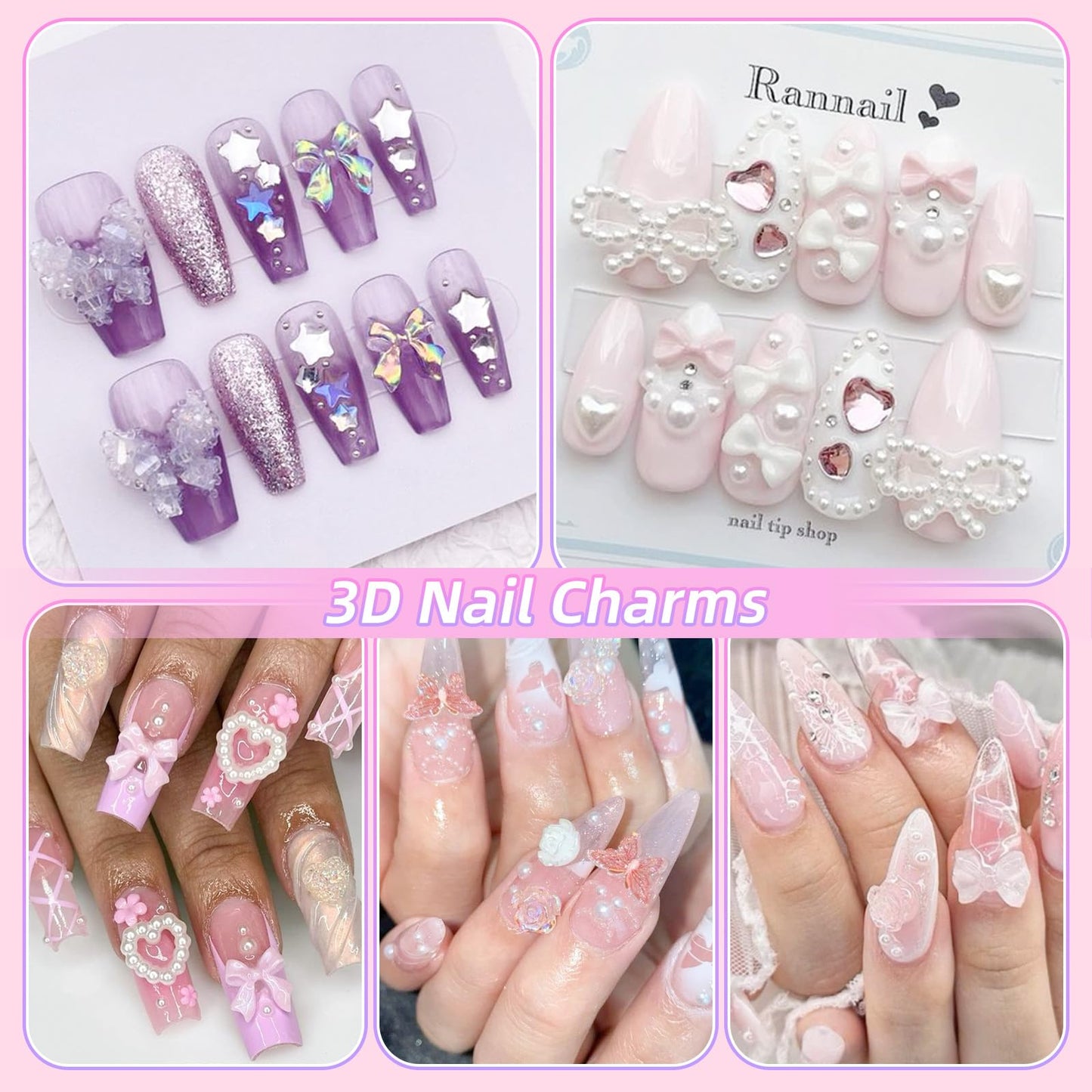 3D Nail Charms and Nail Rhinestones, Multi Color Bow Moon Heart Star Nail Art Charms, Flatback Pearl Nail Jewels and Colorful Crystal Gems, Alloy Nail Gems for Nails DIY Art Supplies Accessories