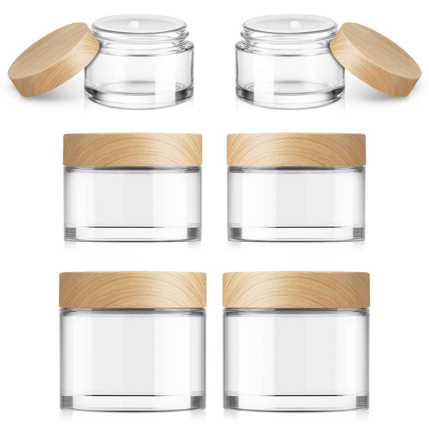 Bumobum 6-Pcs Glass Cosmetic Jars with Plastic Wood-Grain Lids – Refillable Travel Jars for Creams, Lotions, Skincare & DIY (15ml/30ml/50ml)