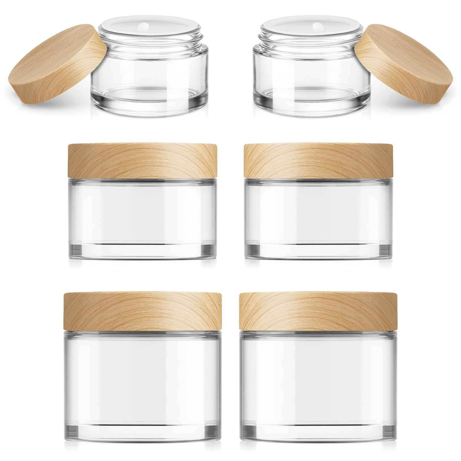 Bumobum 6-Pcs Glass Cosmetic Jars with Plastic Wood-Grain Lids – Refillable Travel Jars for Creams, Lotions, Skincare & DIY (15ml/30ml/50ml)