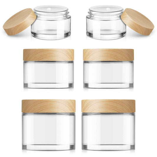 Bumobum 6-Pcs Glass Cosmetic Jars with Plastic Wood-Grain Lids – Refillable Travel Jars for Creams, Lotions, Skincare & DIY (15ml/30ml/50ml)