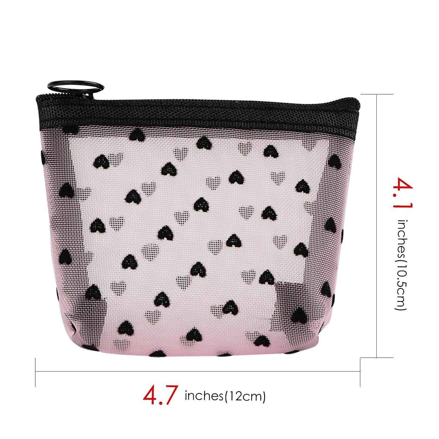 Adorila 6 Pack Mini Mesh Makeup Bags, Heart Print Zipper Mesh Storage Pouch, Travel Cosmetic Accessories Organizer for Women (Black, Beige, Pink)