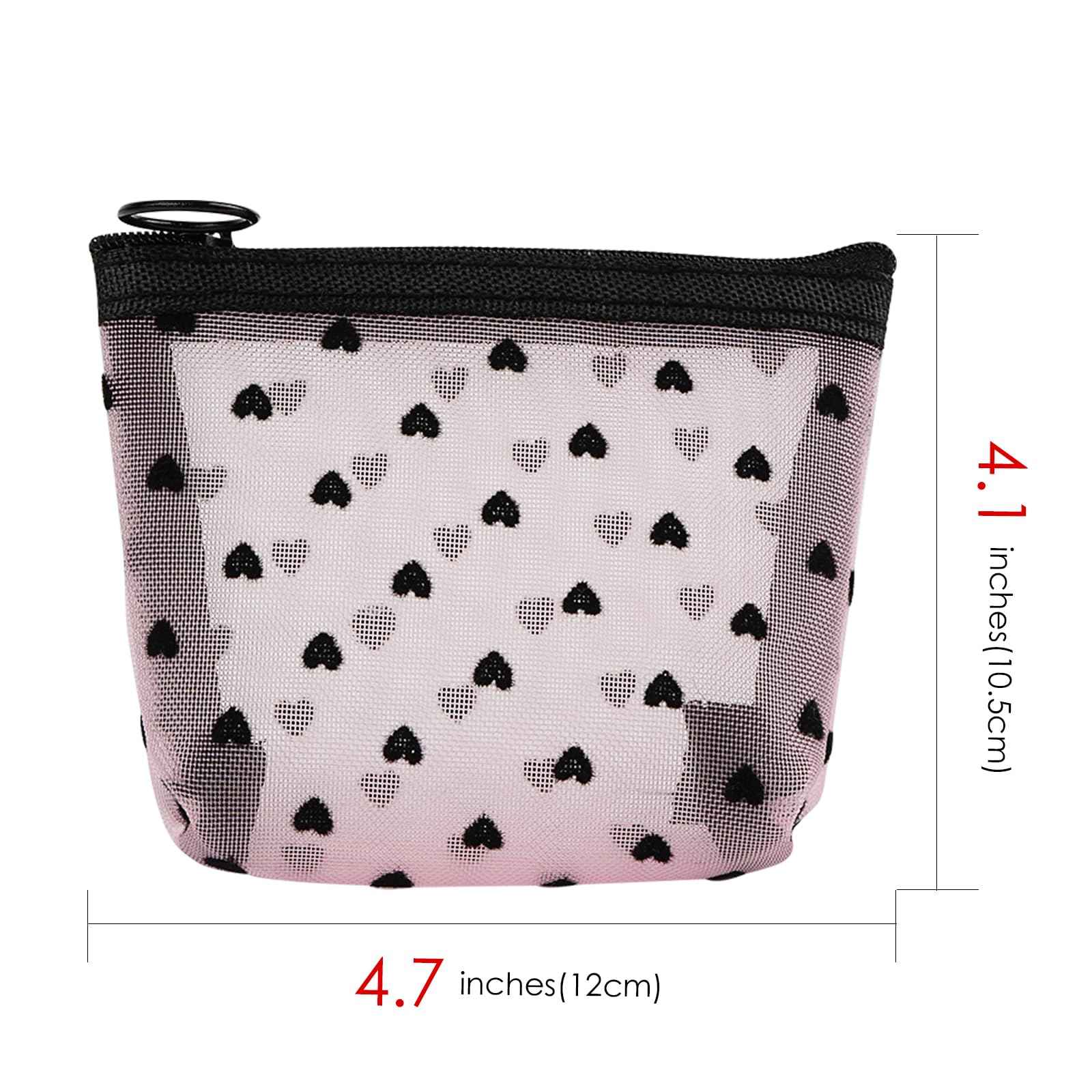 Adorila 6 Pack Mini Mesh Makeup Bags, Heart Print Zipper Mesh Storage Pouch, Travel Cosmetic Accessories Organizer for Women (Black, Beige, Pink)