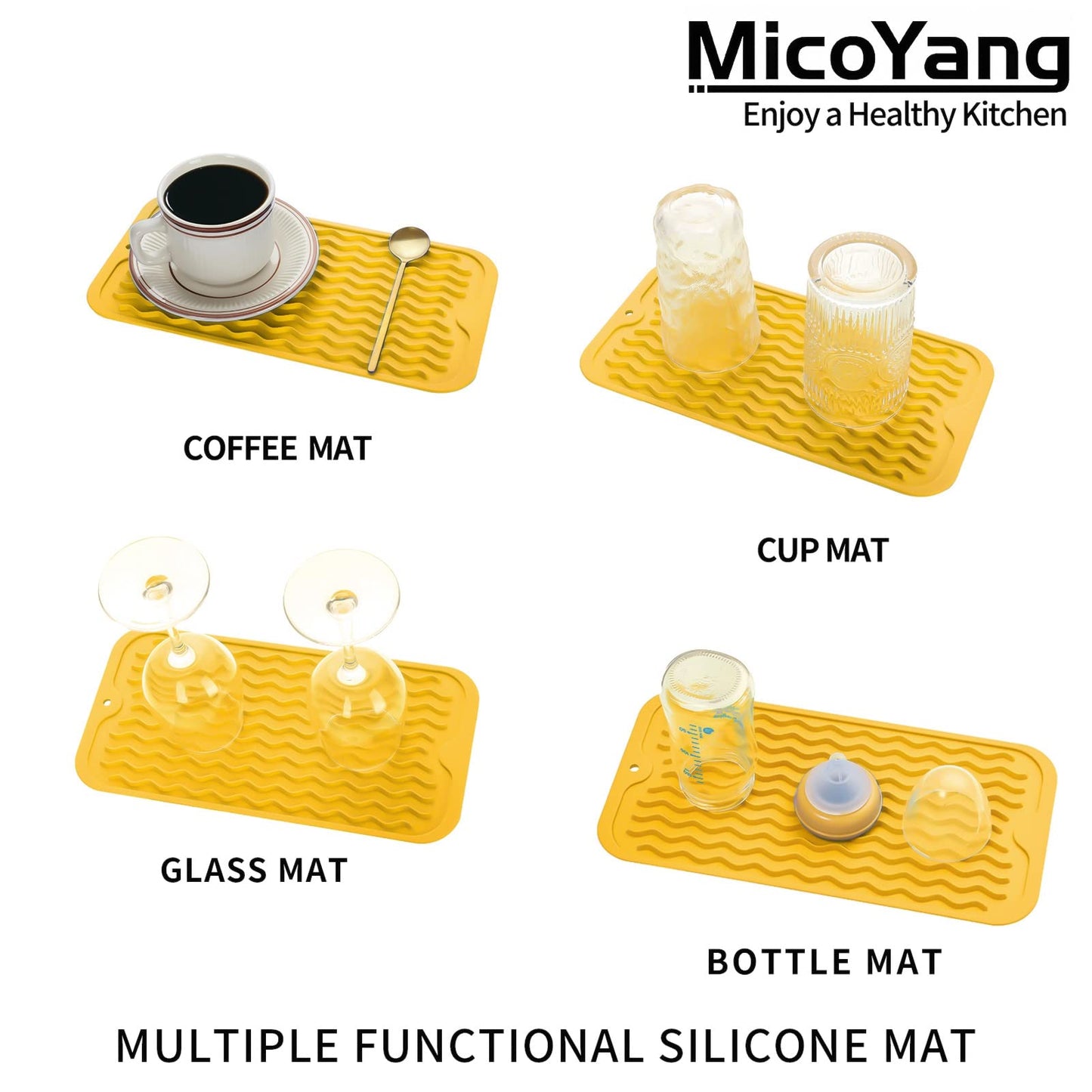 MicoYang Silicone Dish Drying Mat for Multiple Usage,Easy clean,Eco-friendly,Heat-resistant Silicone Mat for Kitchen Counter,Sink,Bar,Bottle,or Cup Yellow S 12 inches x 6 inches