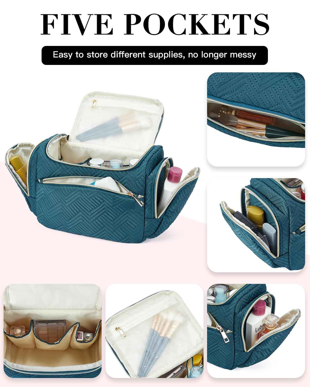 Telena Travel Toiletry Makeup Bag - Multifunctional Cosmetic Organizer Pack,Water Resistant Essentials for Women, Portable Foldable Toiletries Kit, Dry and Wet Separation, Large Capacity, Black Green