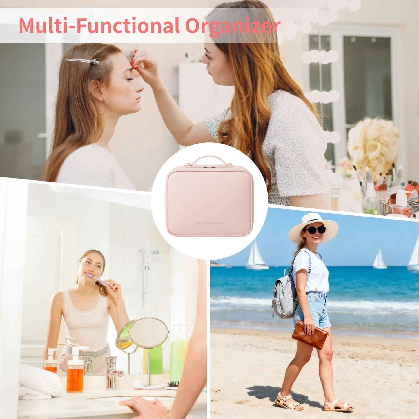 OMISTAR Travel Make Up Bags for Women - 12.2 in Cosmetic Toiletry Bag with Compartments, Long-lasting Waterproof PU Leather with Soft Removable Brush Compartments & Organized Multiple Pockets