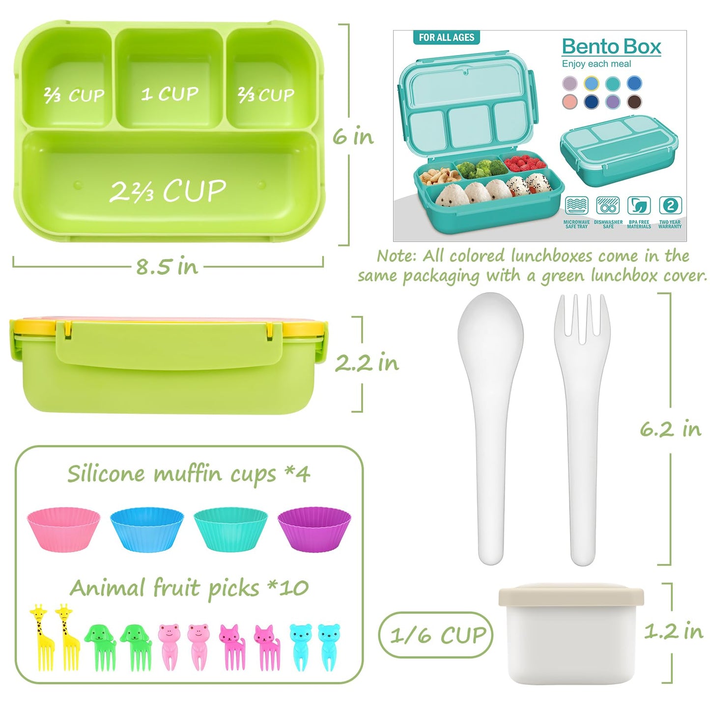 QQKO Bento Box for Kids Adults, School Toddler Lunch Box for Boys Girls, Lunch Box Containers with 4 Compartments, Sauce Container, Utensils, Food Picks and Muffin Cups for School, Pink Yellow Green