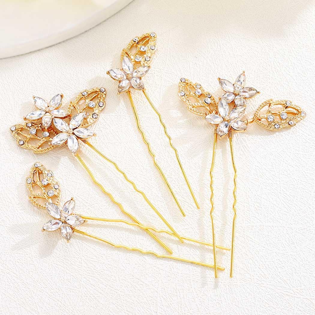 Heread Crystal Bride Wedding Hair Pins Gold Leaf Hair Pieces Bridal Hair Accessories for Women and Girls (Pack of 4)