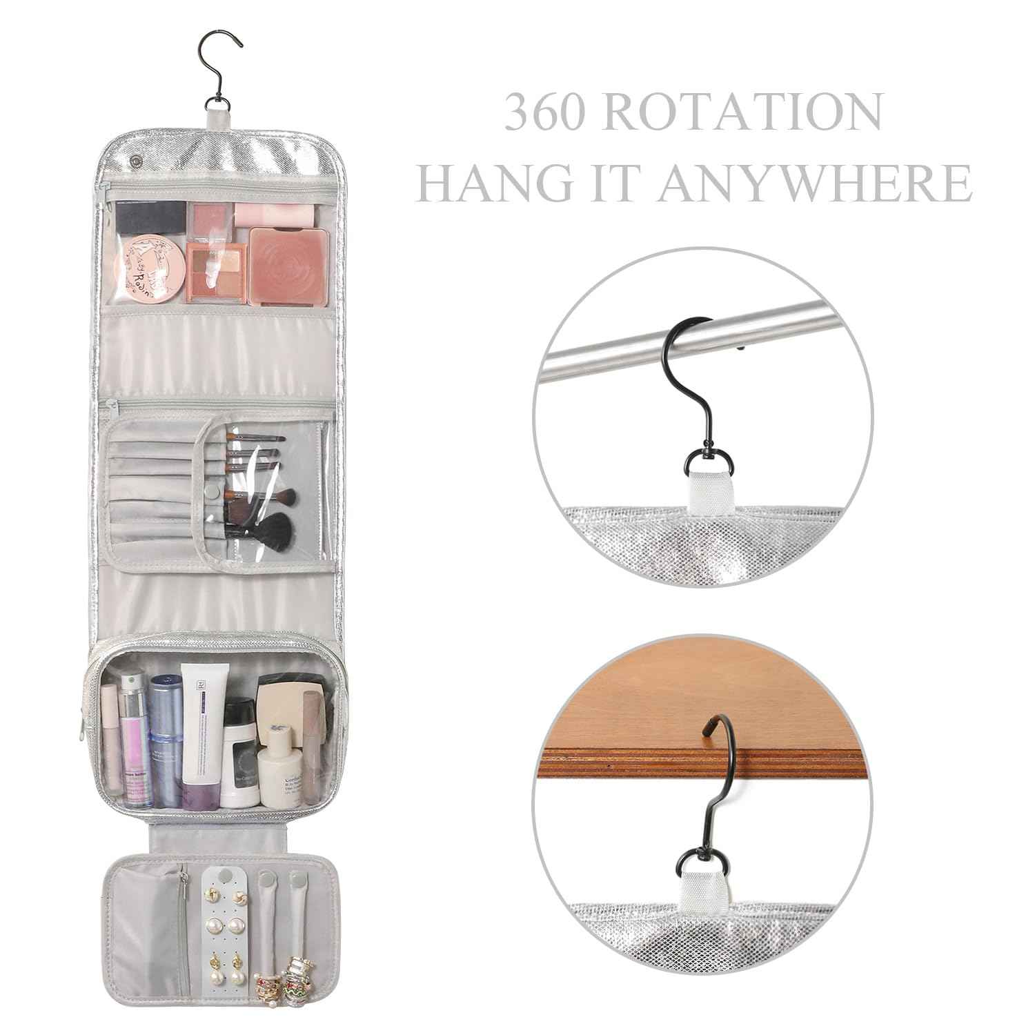 Charmix Travel Toiletry Bag for Women,Hanging Travel Toiletry Bag with Jewelry Organizer Compartment,Makeup Bag, Waterproof and Dirt Resistant, Travel Essentials,Bright Silver