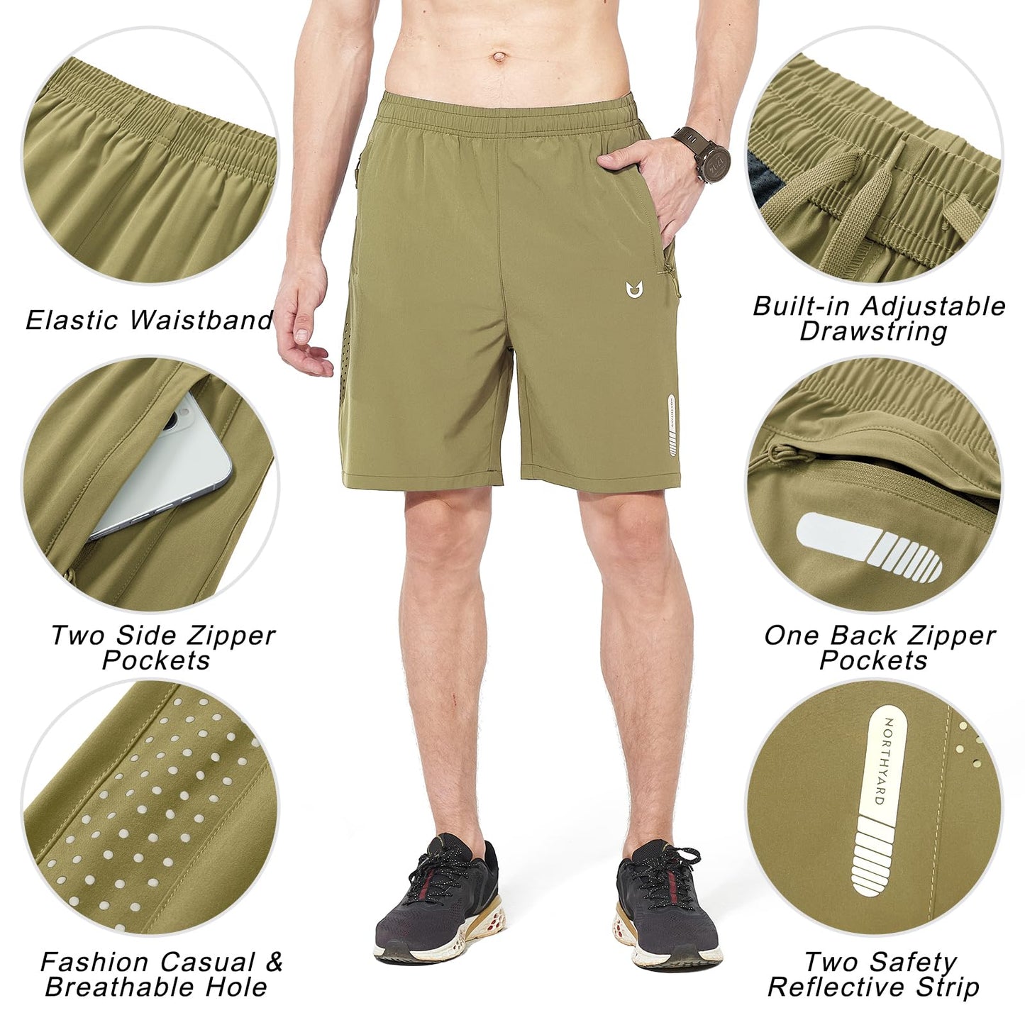 NORTHYARD Men's Athletic Running Shorts Quick Dry Workout Shorts 7"/ 5"/ 9" Lightweight Sports Gym Basketball Shorts Hiking Exercise Khaki S