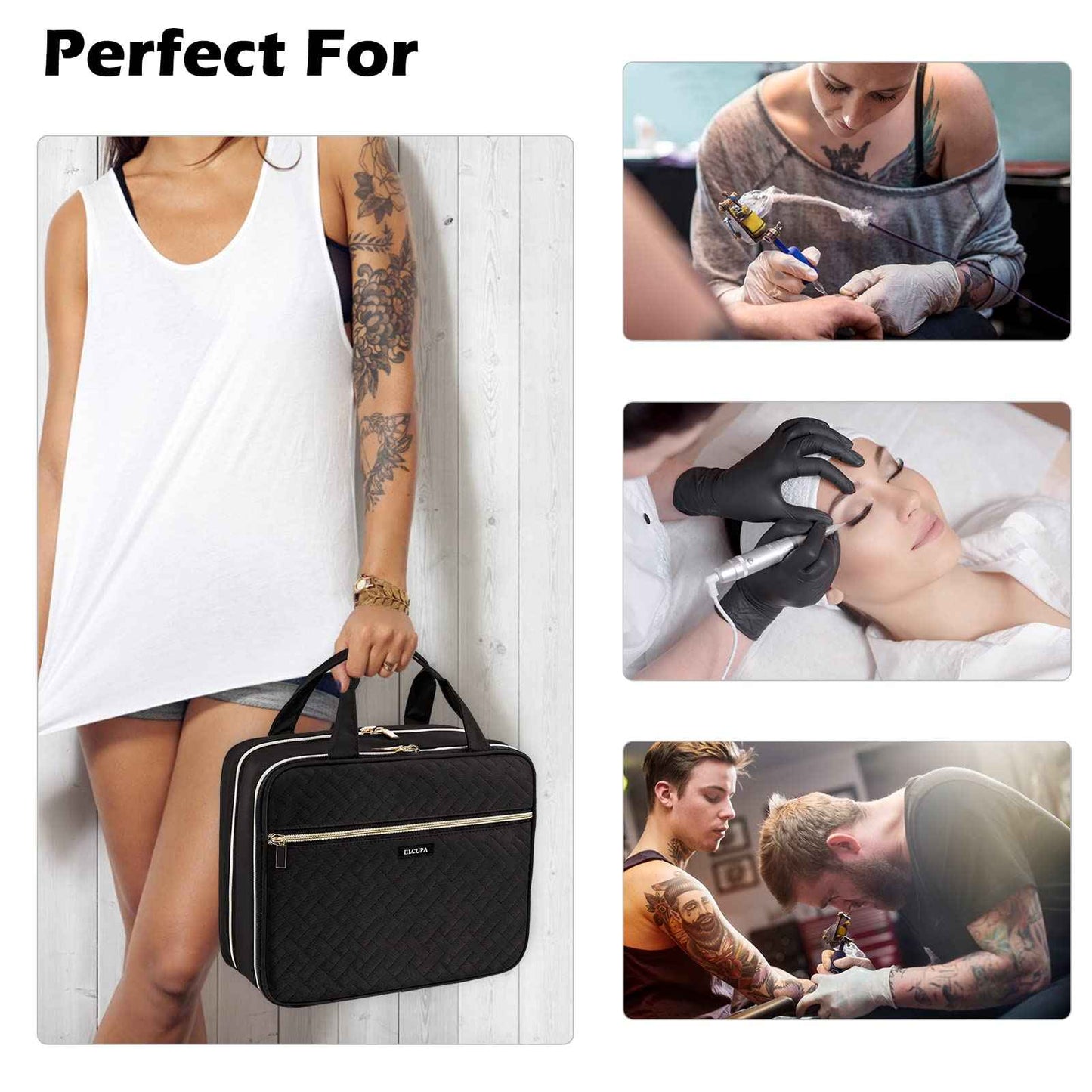 ELCUPA Tattoo Carrying Case-Tattoo Supplies Organizer-Tattoo Kit Case -Tattoo Supplies Carrying Bag for Tattoo Stencil Printer, Tattoo Ink, Tattoo Equipment, Tatoo Pens Black (BAG ONLY)