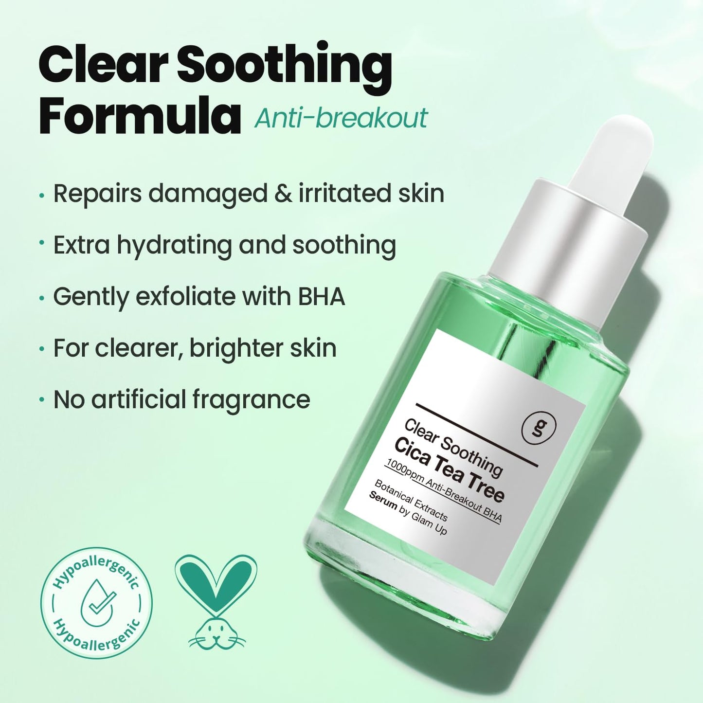 GLAM UP CICA Double Shot With HYALURON+BHA Calming Booster Acne Treatment with Centella Asiatica, Tea Tree Oil & Niacinmid for Acne Breakout, Blackhead Treatment, Sensitive Skin Care 30ml(1.12 Fl Oz)