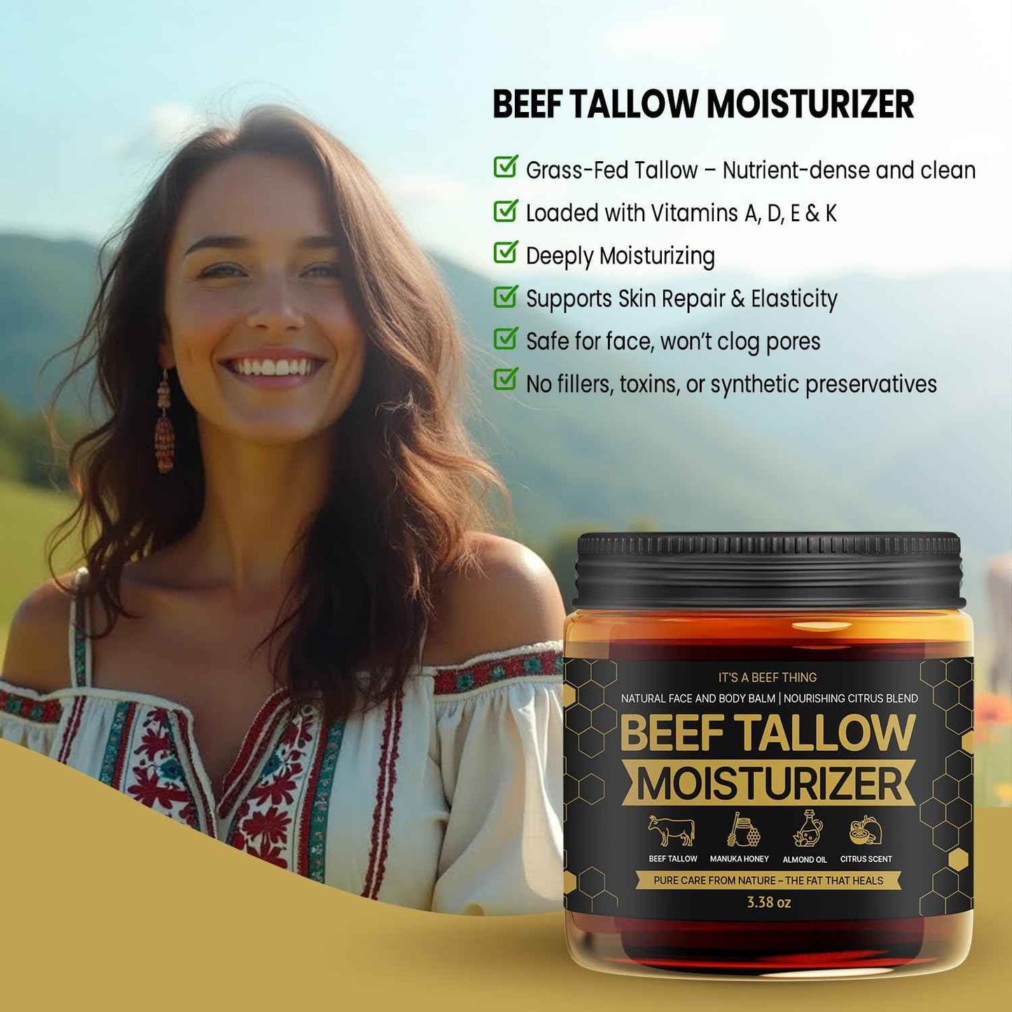 Beef Tallow for Skin – Face & Body Balm to Strengthen Skin Barrier, Hydrating & Soothing with Grass-Fed Beef Tallow, Manuka Honey, Almond Oil & Light Citrus Scent (3.38oz)