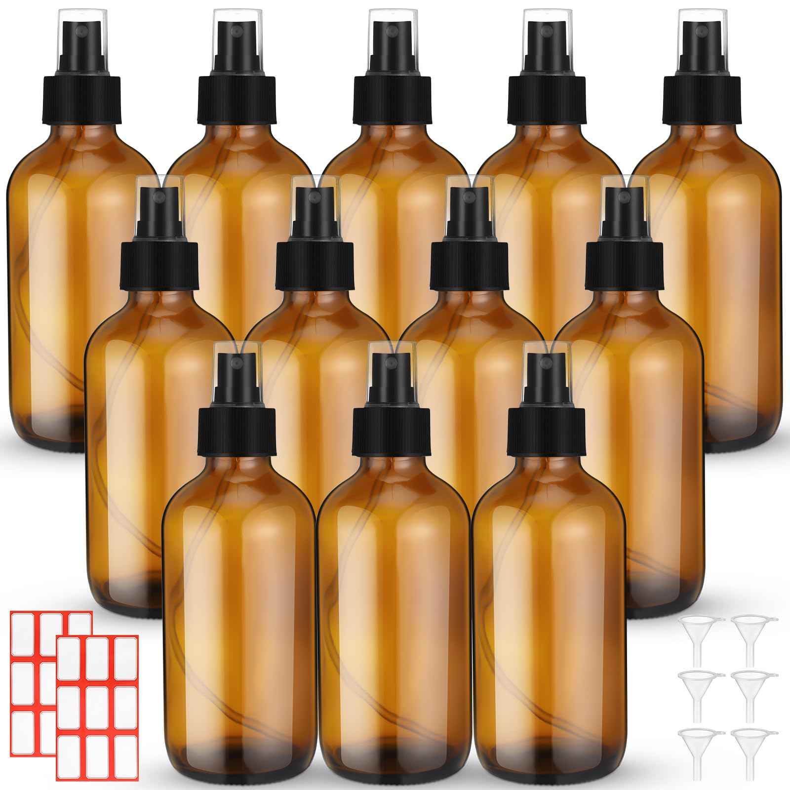 Norme 12 Pcs 8 oz Glass Spray Bottles with Funnels and Labels Refillable Cosmetic Empty Spray Bottles with Sprayer Containers for Essential Oil Cleaning Solutions(Amber,Stylish)