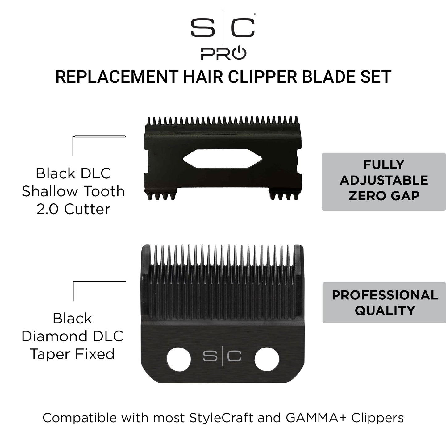 StyleCraft Replacement Fixed Black Diamond DLC Taper Hair Clipper Blade with DLC Shallow Tooth 2.0