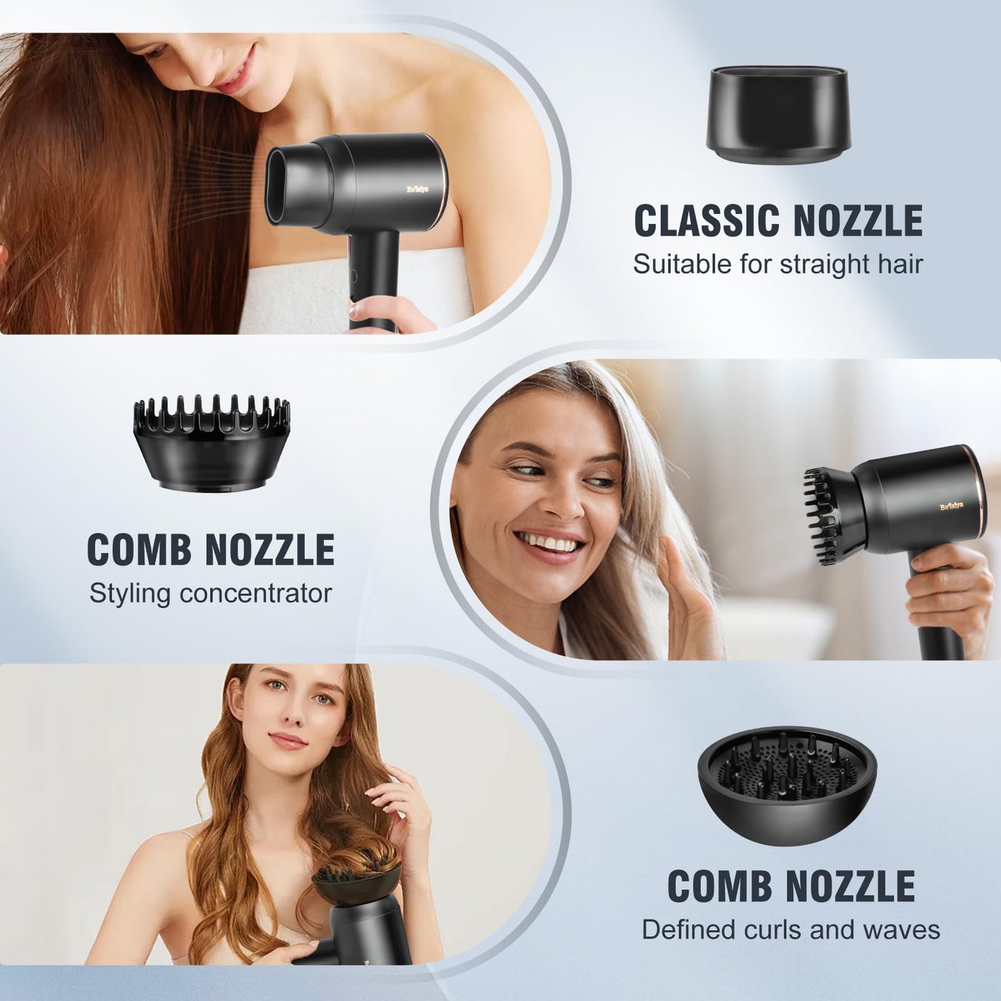 Professional Ionic Hair Dryer | Powerful Low Noise Hair Dryer | Constant Temperature for Fast Hair Drying | with Hair Diffuser, Cluster Nozzle and Comb for Curly (Black)