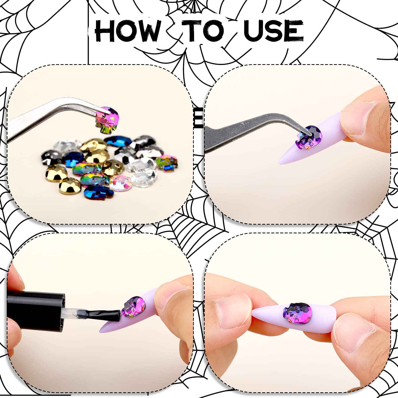 Queekay 70 Pcs Skull Nail Charms Halloween 3D Nail Art Charms Silver Gold Rainbow Alloy Rhinestone Skull for DIY Manicure