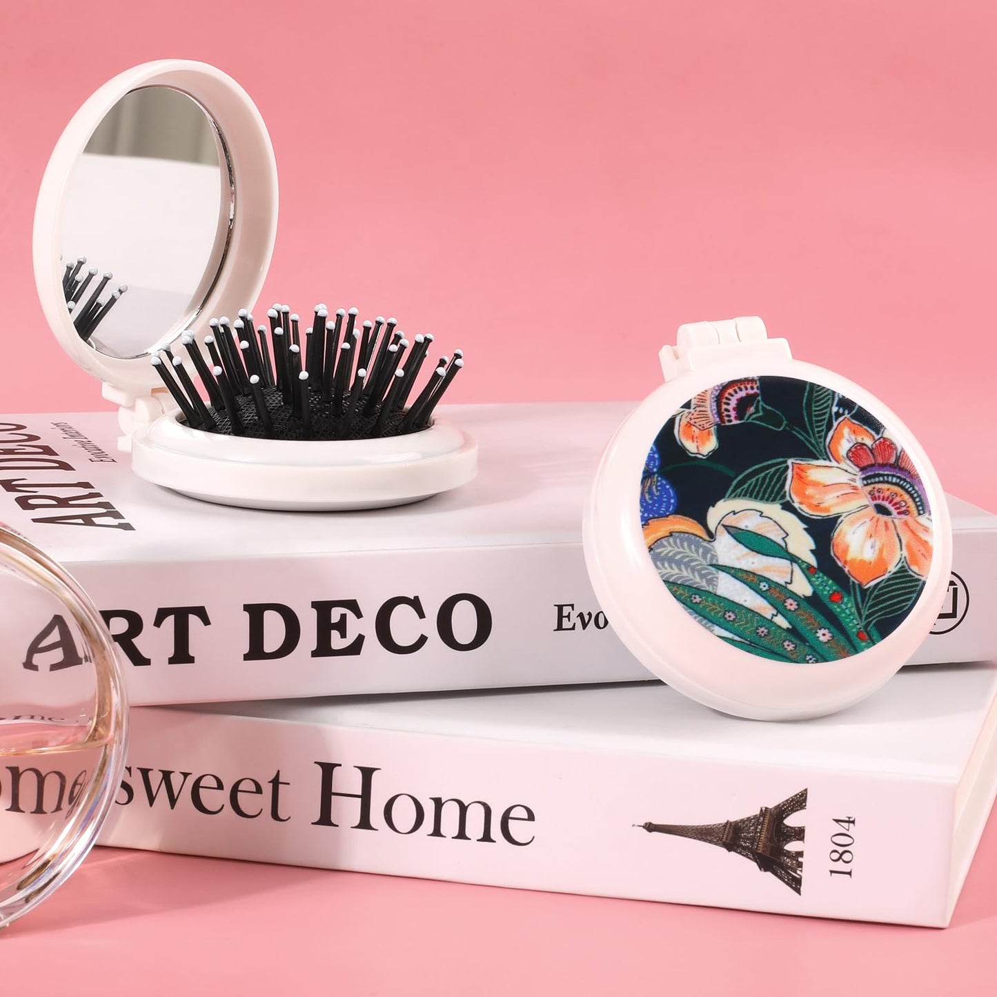 Mengduxd Mini Hairbrush, Collapsible Pocket Hairbrush with Mirror, Portable Hairbrush, Women Travel Small Hairbrush.Black flowers