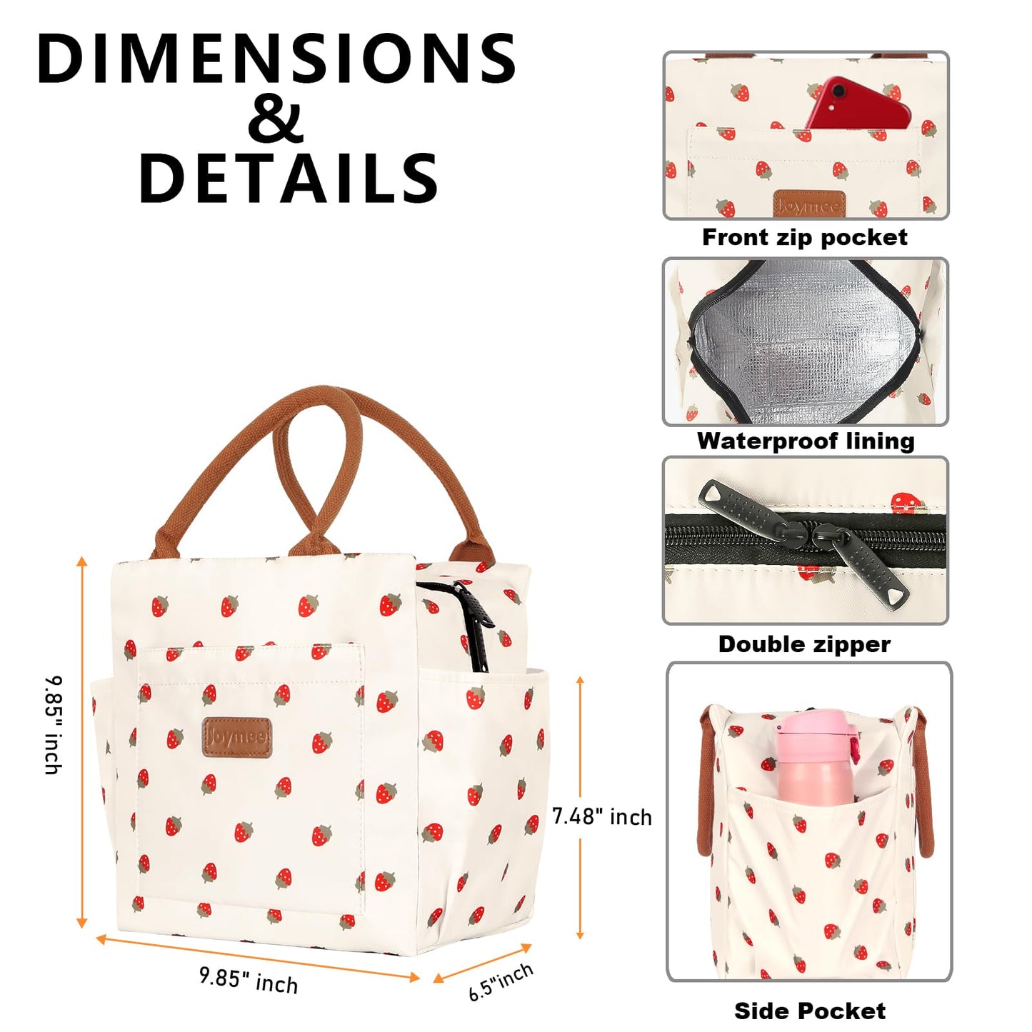 Joymee Lunch Bag Women Insulated Lunch Box Reusable Leakproof Large Spacious Cooler Tote for Women Men Adult with Bottle Holder and Side Pockets for Work Office Travel Picnic - Strawberry