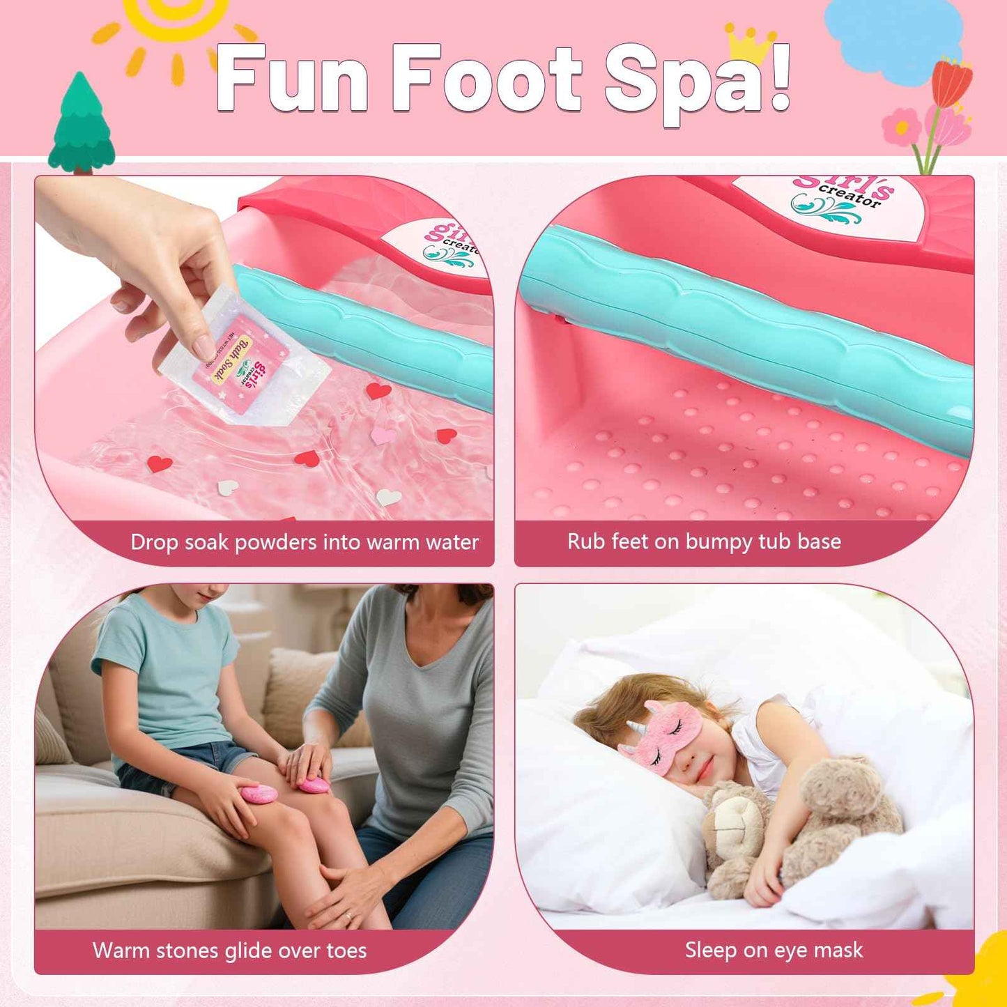 Kids Foot Spa Kit with Pedicure Set for Girls 3-8, All-in-1 Kids Spa Day Kit with Bubble Soak & Massage, Sleepover Party Birthday Gifts