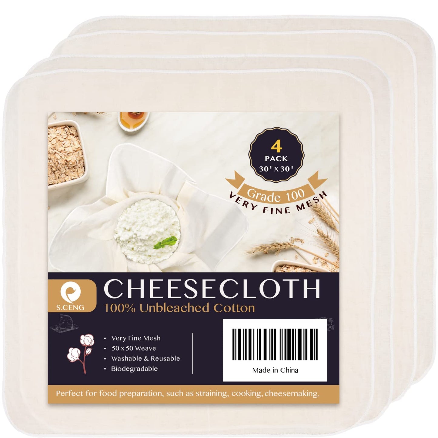 Precut Cheesecloth, 30 x 30'' 4 Pack, Grade 100, Ultra Fine for Straining & Cooking, 100% Unbleached Cotton Cheese Cloth for Making Cheese