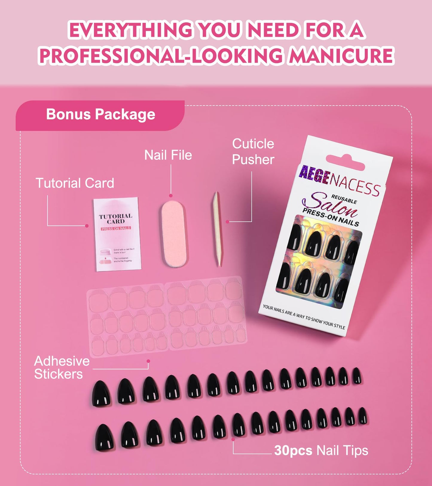 Aegenacess Press On Nails Short - Press on Nails Almond Short Stick On Nails in 15 Sizes, 30Pcs Fake Nail Kit for Women