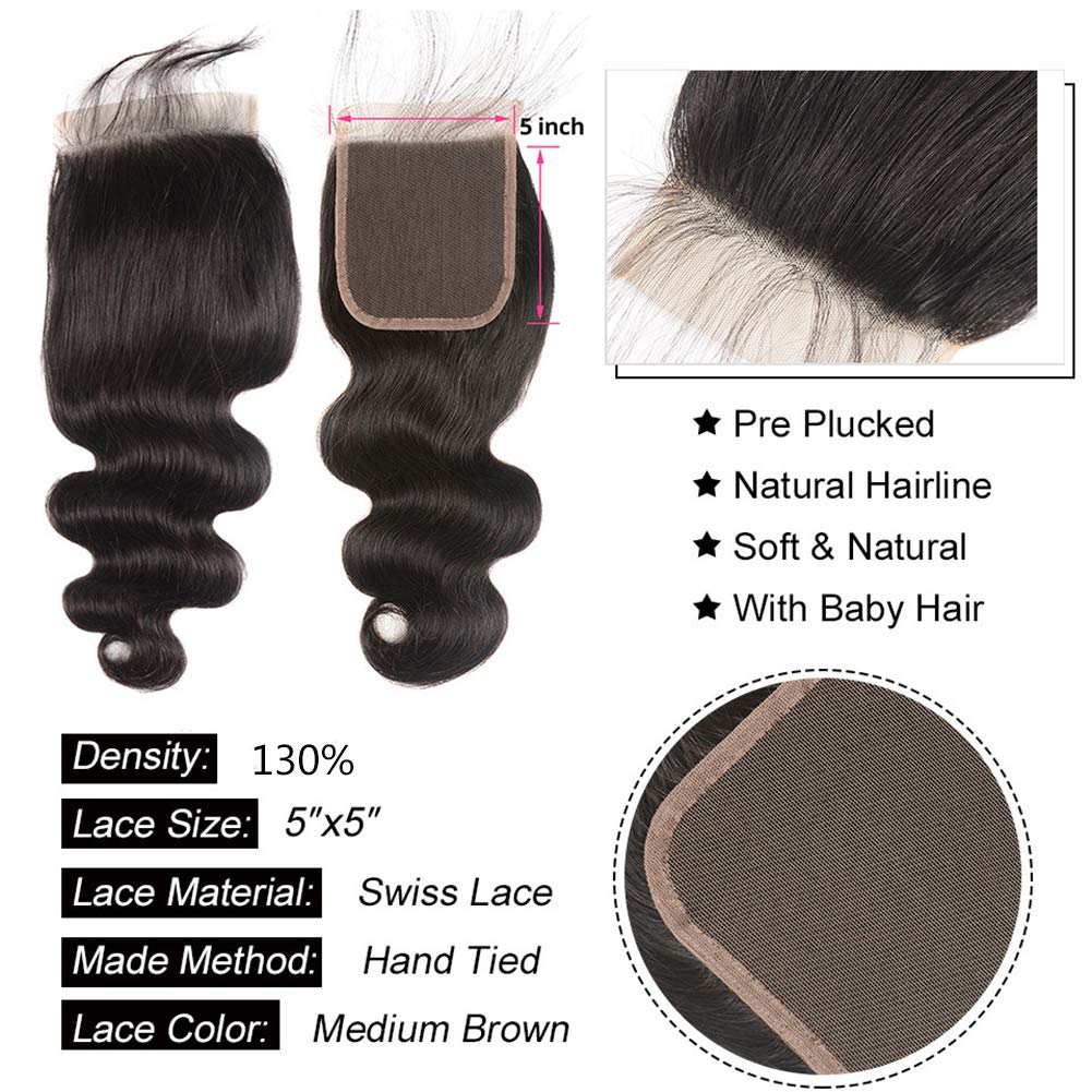 5X5 Closure Human Hair 8 Inch Only Body Wave Closure 5 By 5 Lace Front Fee Part With Baby Hair Preplucked Bleached Knots Wet And Wavy Real Human Hair Grade 8A Natural Black