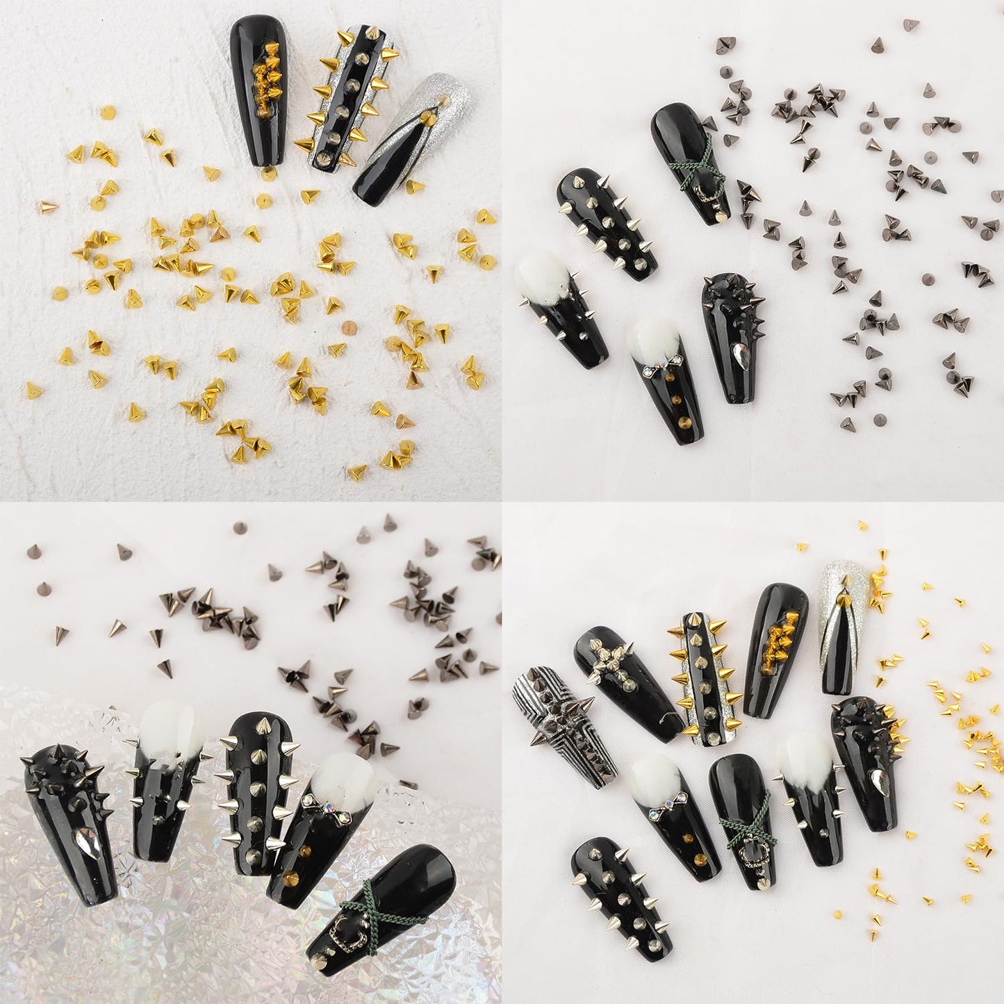 Katfan 600Pcs Nail Art Punk Cone Metalic Spike Studs Sliver Black Gold Nail Art Tiny Stick Nail Art Alloy Rivet Studs Nail Art Accessories for DIY Manicure Tips Craft