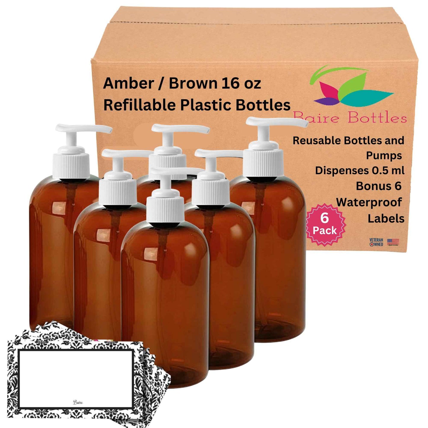 Baire Bottles 16 oz Empty Refillable Plastic Pump Bottles Dispenser 6 Pk PET, BPA Free Refillable Containers Shampoo Lotion Oil Liquid Soap Labels USA (Amber/Brown, White Pumps, Damask Labels)