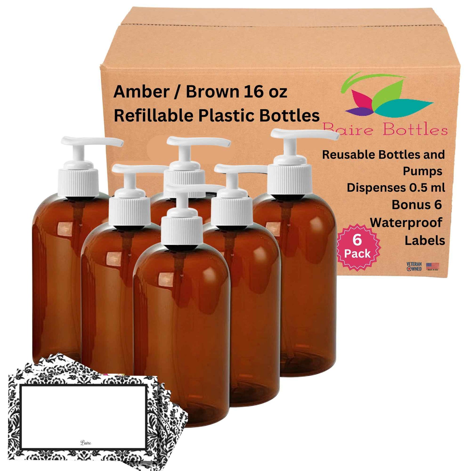 Baire Bottles 16 oz Empty Refillable Plastic Pump Bottles Dispenser 6 Pk PET, BPA Free Refillable Containers Shampoo Lotion Oil Liquid Soap Labels USA (Amber/Brown, White Pumps, Damask Labels)