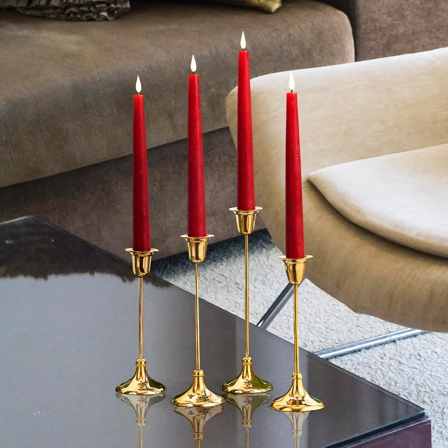 LampLust Flameless Taper Candles, Realistic 3D Flame with Wick, Real Wax, Flickering Flameless Candle LED, Remote & Batteries Included, Home Decor, Mantel & Wedding Centerpieces (9" - 4 Pack - Red)