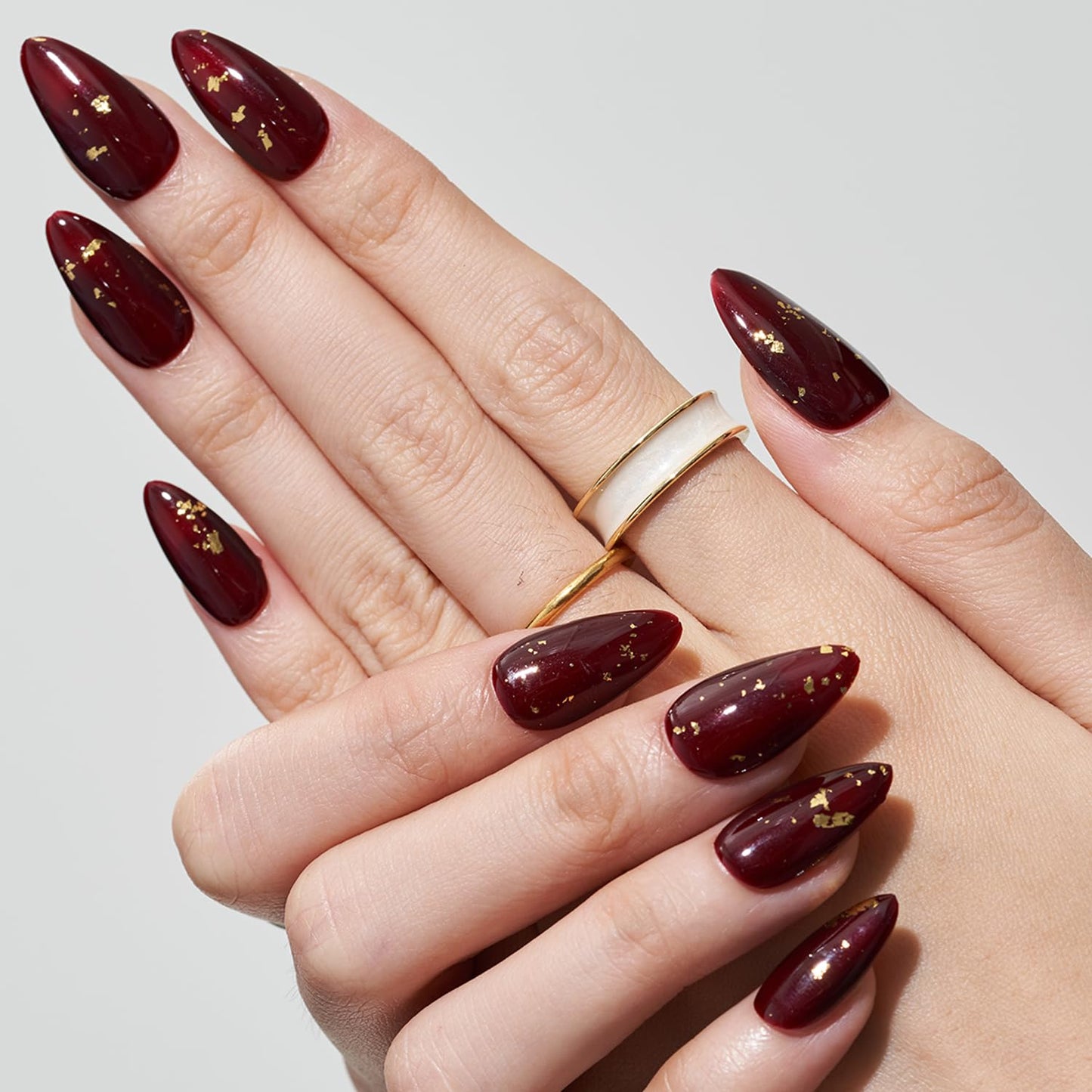 GLAMERMAID Burgundy Press on Nails Medium Almond- Handmade Jelly Gel Gold Foil Flakes Fake Nails Short, Deep Dark Red Stiletto Stick Glue on Nails Set, Glossy Reusable Acrylic False Nail Kit for Women