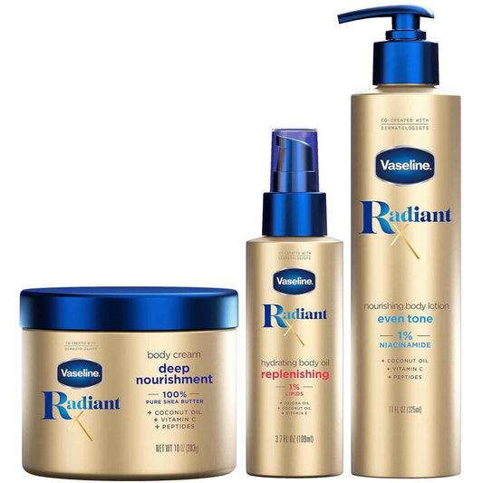 Vaseline Radiant X Skin Care Set – Even Tone Nourishing Body Lotion with 1% Niacinamide, Deep Nourishment Body Cream with Vitamin C + Hydrating Body Oil with Vitamin E (3 Piece Set)