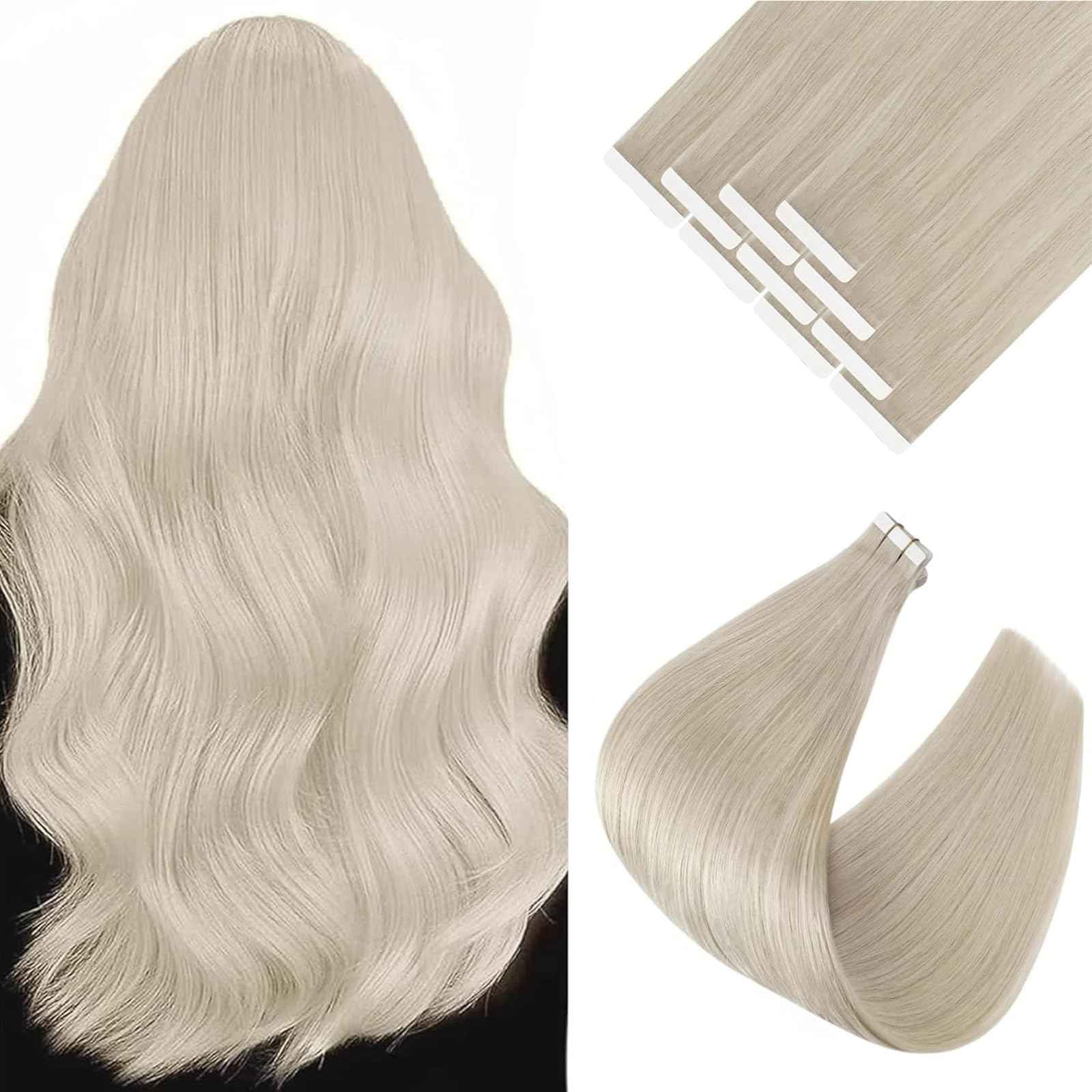 Ve Sunny Tape in Hair Extensions Real Human Hair Invisible Remy Human Hair Straight Tape Ins Double Sided White Blonde 24 inch 10Pcs 25G