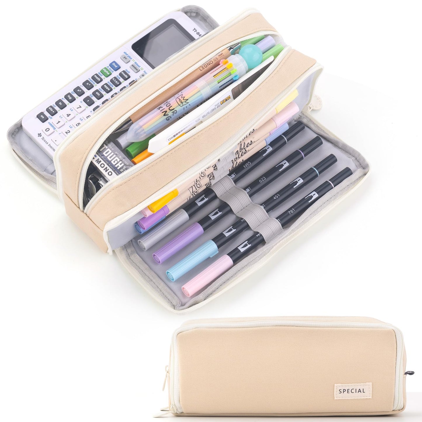 CICIMELON Large Capacity Pencil Case 3 Compartment Pouch Pen Bag for School Teen Girl Boy Men Women (Canvas Khaki)