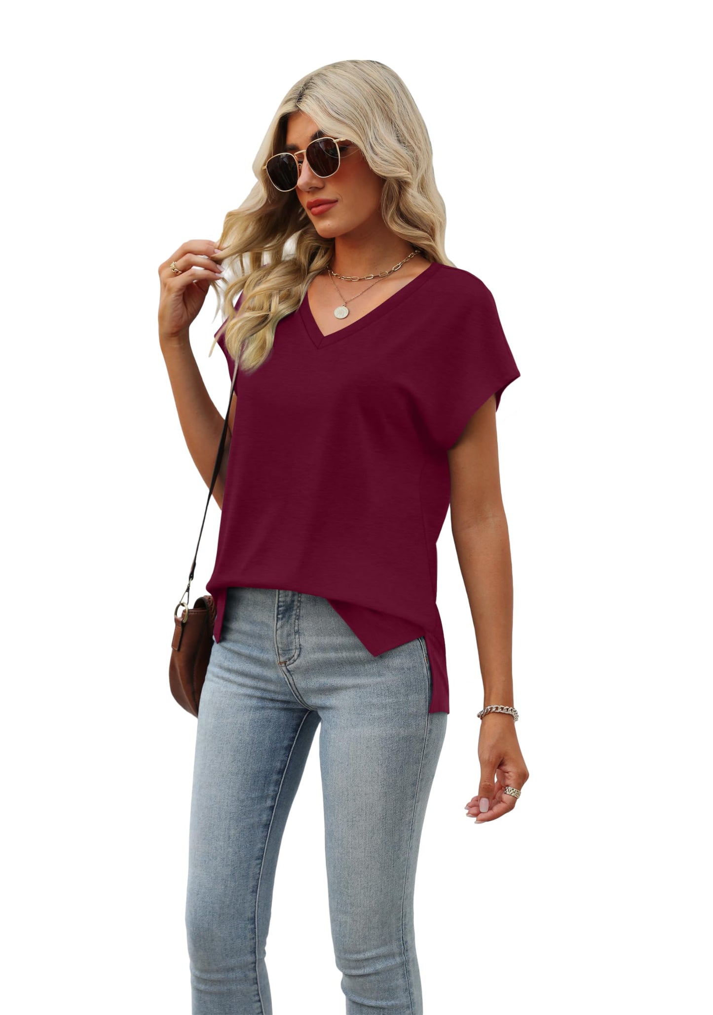 Womens Short Sleeve 2024 Summer Tops Trendy Tank Tops V Neck Loose Fit Shirts Burgundy S