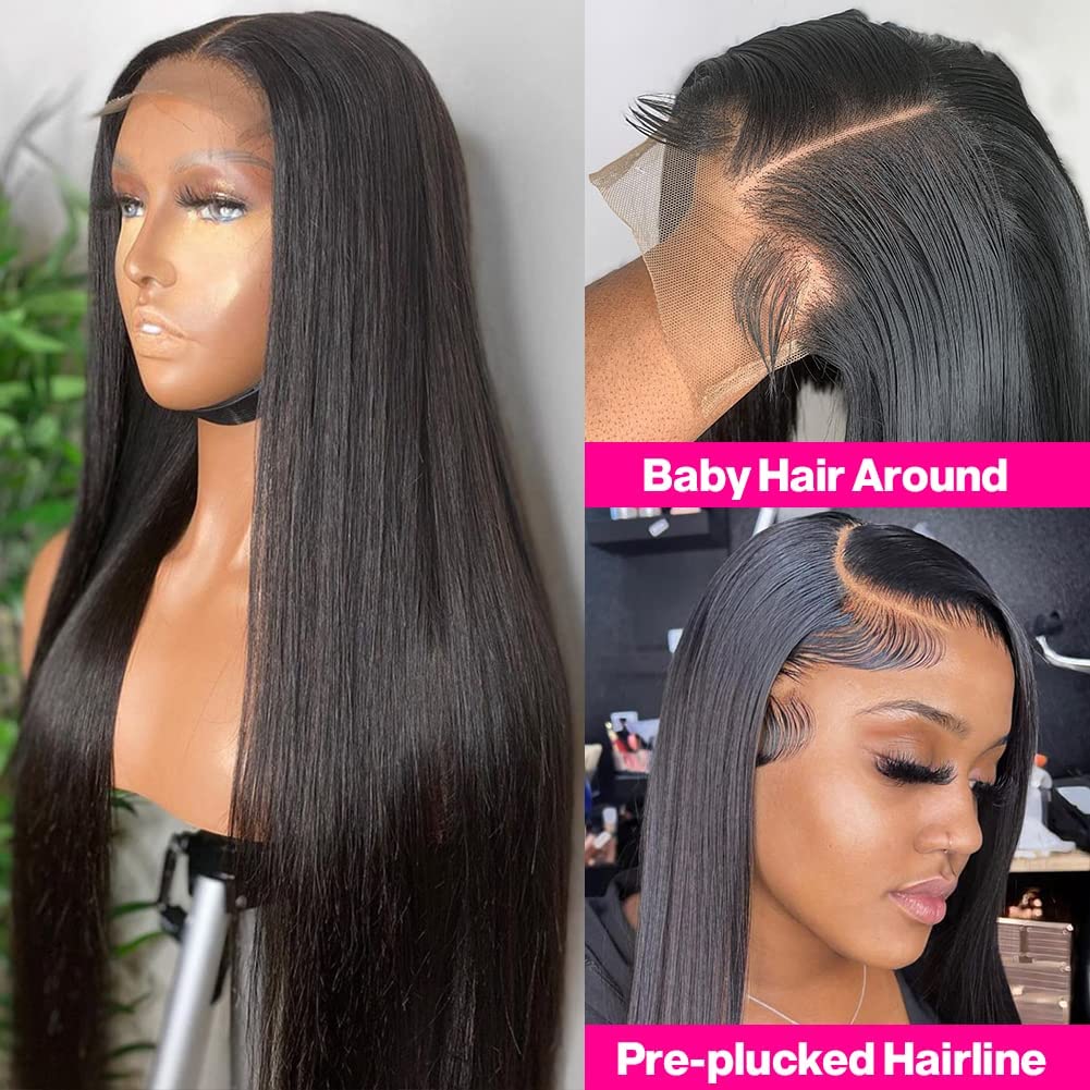 Lakin Glueless HD Lace Front Wigs Human Hair Pre Plucked Bleached Knots with Baby Hair 180 Density 4x4 Straight Lace Closure Wigs for Black Women Natural Black Color