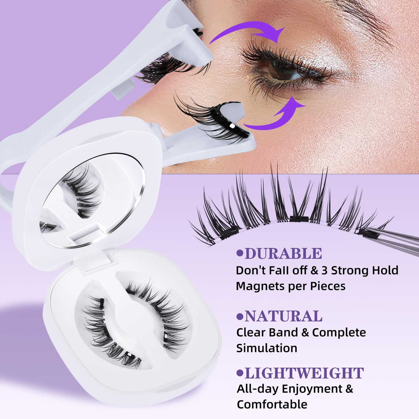 Magnetic Eyelashes with Applicator Magnetic Lashes Soft Magnetic Eyelashes without Eyeliner No Glue Needed Magnetic Eyelashes Natural Look 1 Pair Magnetic Lashes with Clamp, Lash Fixer Reusable (M02)