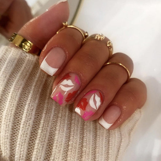 Valentines Day Press on Nails Short French Tip Fake Nails Square Full Cover Acrylic False Nails with Lips Designs White Tip Stick on Nails Glossy Artificial Nails Nail Decorations for Women Girls