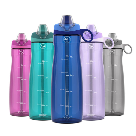 Pogo BPA-Free Tritan Plastic Water Bottle with Soft Straw, 40 Oz, Blue